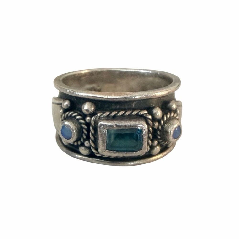 Vintage Sterling Silver topaz Wide Band Ring Opal Accents